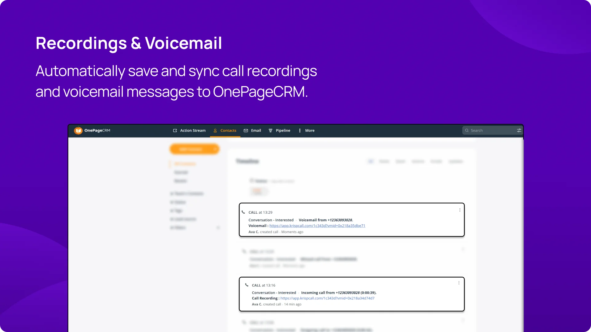 Recordings & Voicemail KrispCallxOnePageCRM img