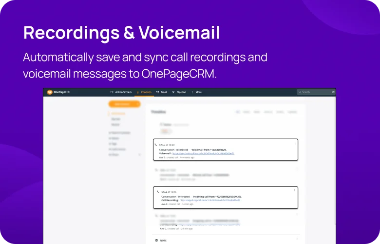 Recordings & Voicemail KrispCallxOnePageCRM respo img