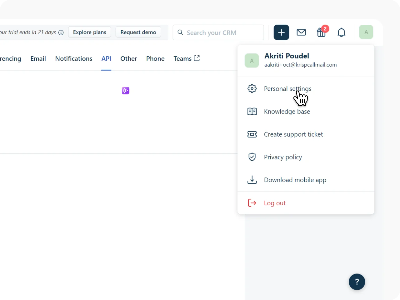 Retrieve Your FreshsalesAPI Key KrispCallxFreshsales img