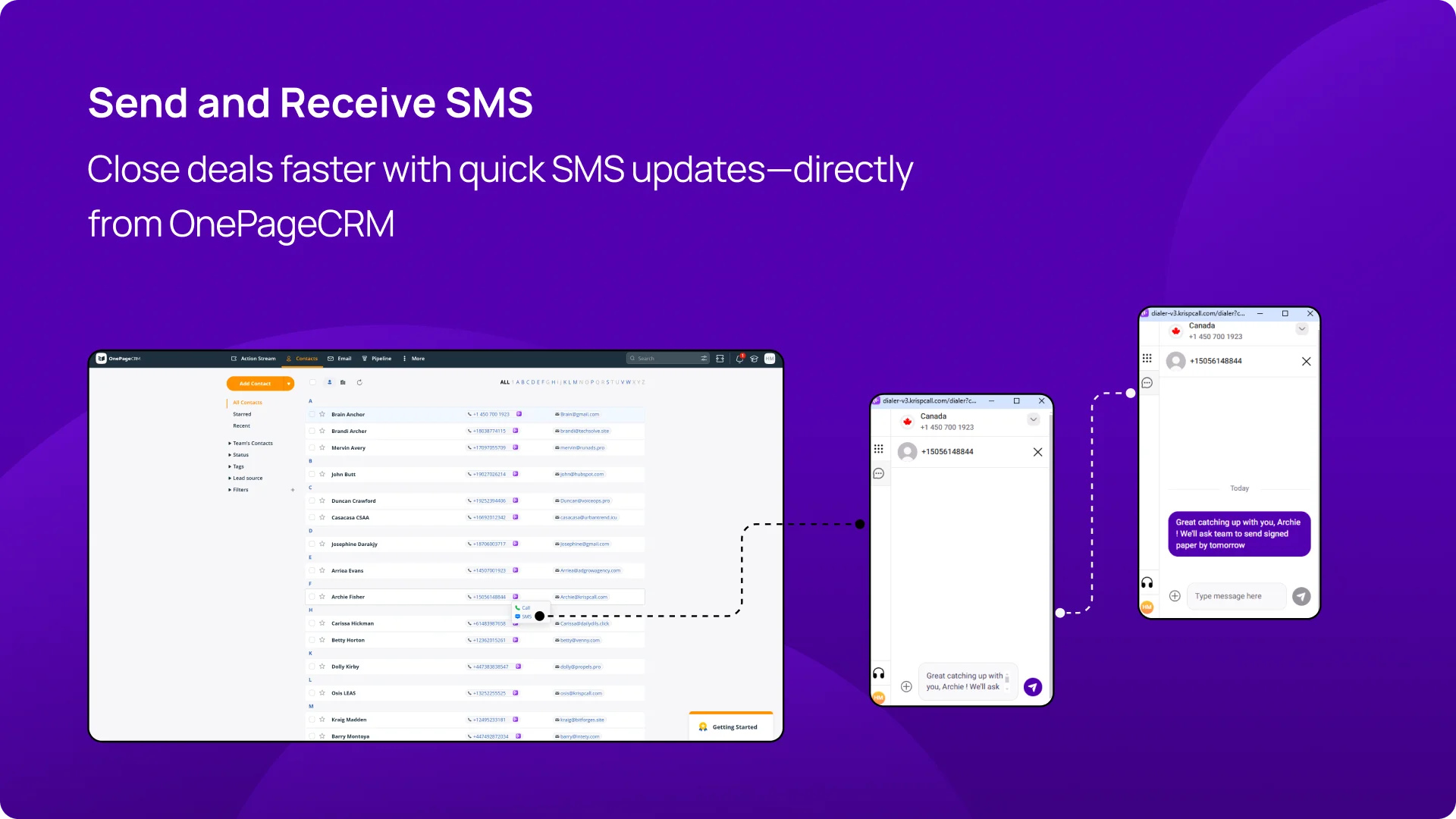 Close deals faster with quick SMS updates—directly from OnePageCRM img