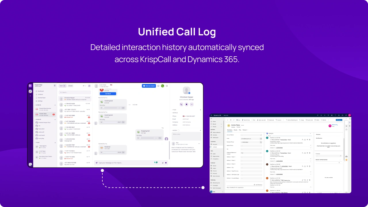 Detailed interaction history automatically synced across KrispCall and Dynamics 365 img