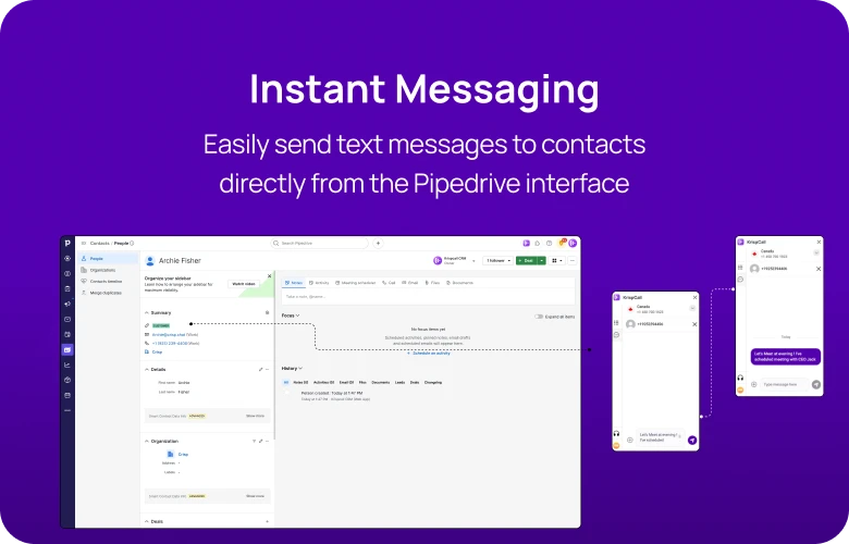 Easily send text messages to contacts directly from the Pipedrive interface KrispCallxPipedrive mobile img