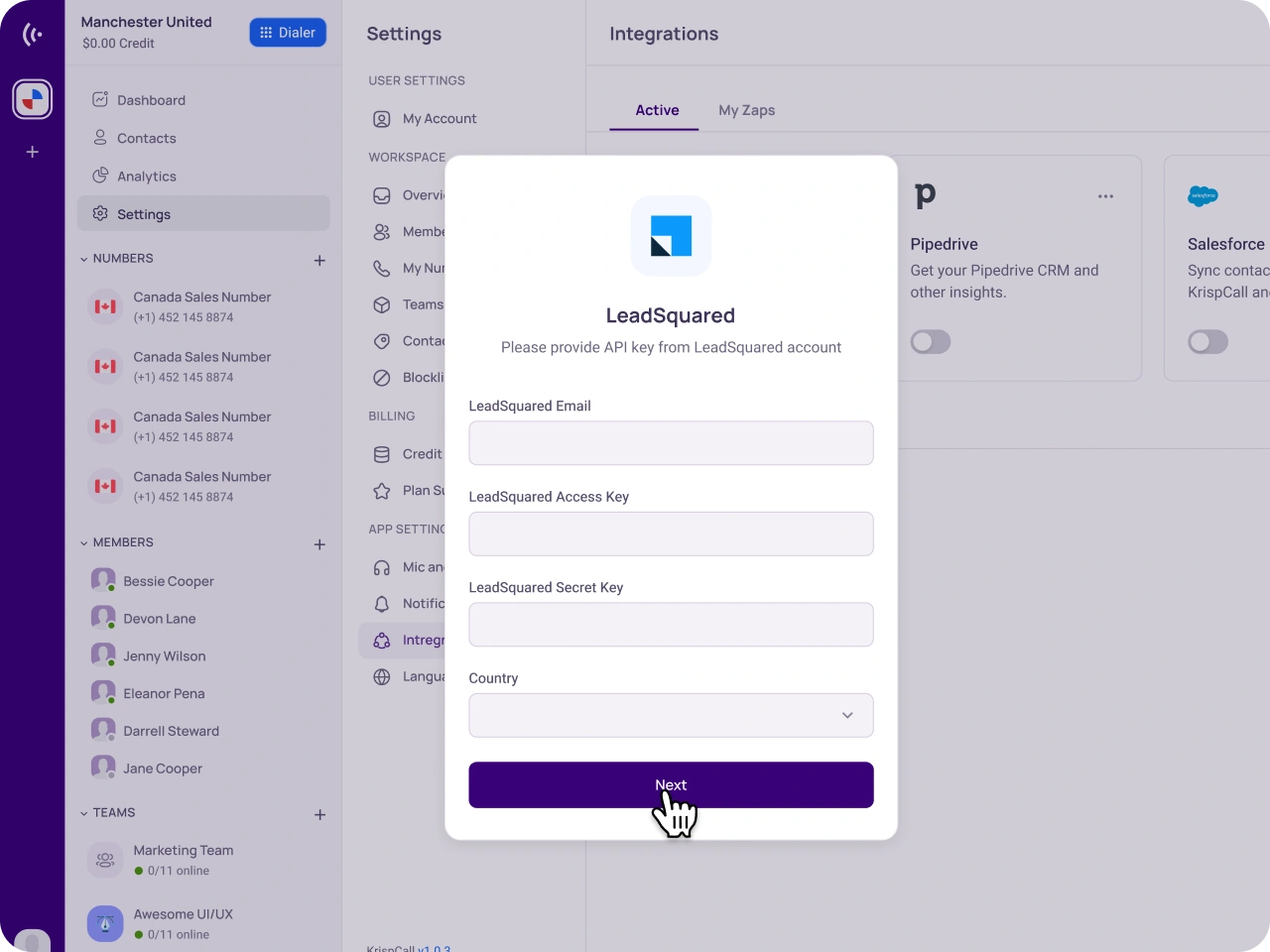 Enter LeadSquared Credentials KrispCallxLeadSquared img