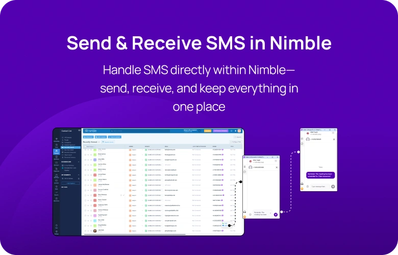 Handle SMS directly within Nimble—send, receive, and keep everything in one place mobile img