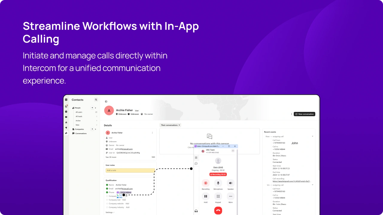 Initiate and manage calls directly within Intercom for a unified communication experience img