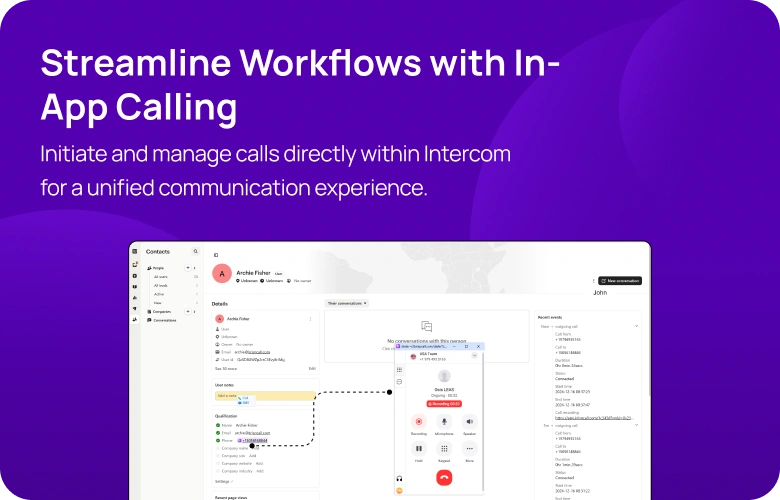 Initiate and manage calls directly within Intercom for a unified communication experience mobile img