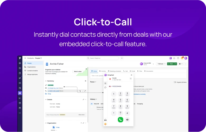 Instantly dial contacts directly from deals with our embedded click-to-call feature KrispCallxPipedrive mobile img