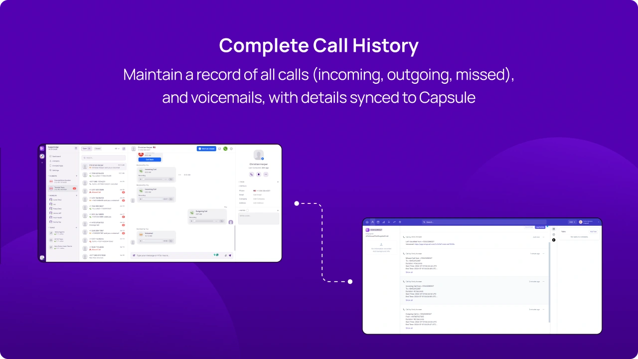 Maintain a record of all calls (incoming, outgoing, missed), and voicemails, with details synced to Capsule img