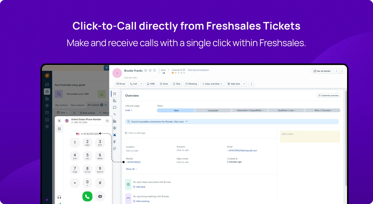 Make and receive calls with a single click within Freshsales KrispCallxFreshsales img