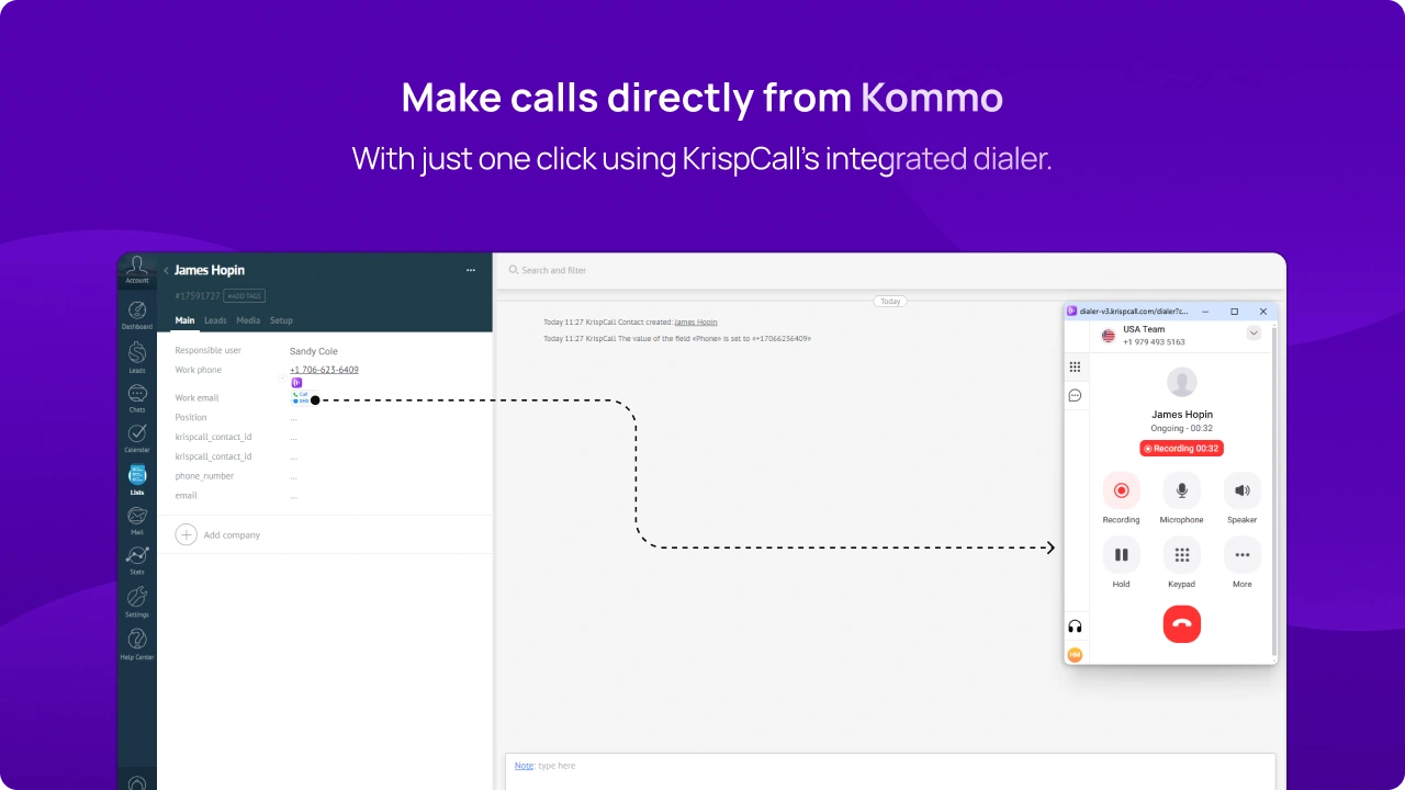 Make calls directly from Kommo With just one click using KrispCall’s integrated dialer img
