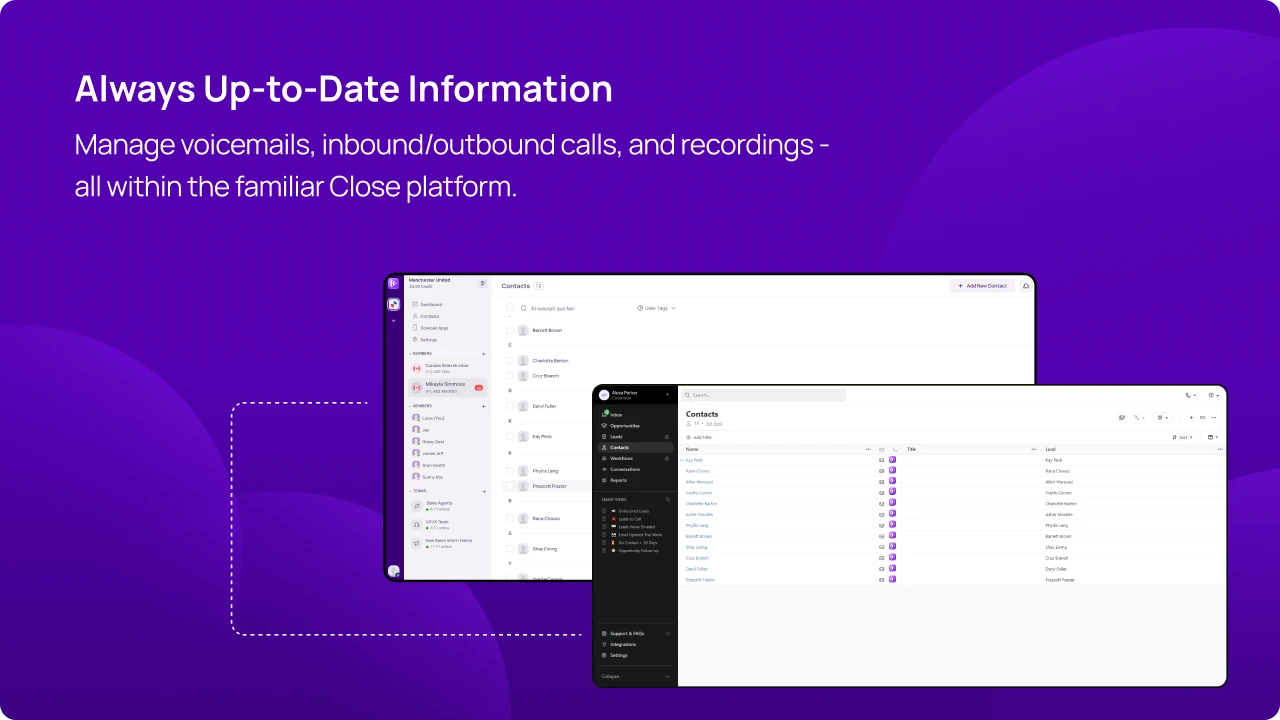 Manage voicemails, inboundoutbound calls, and recordings - all within the familiar Close platform KrispCallxClose img
