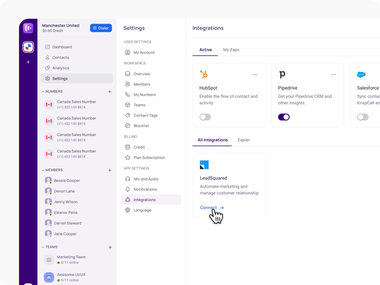 Open the Integration Menu and Select LeadSquared KrispCallxLeadSquared img