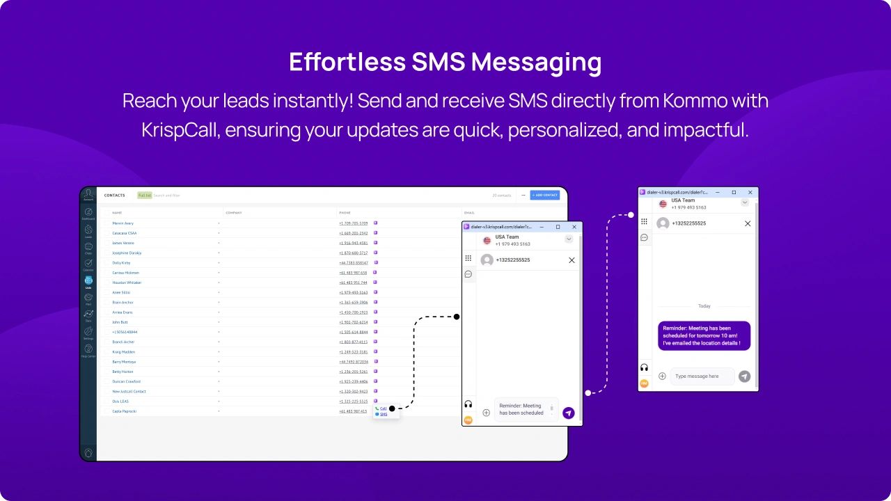Send and receive SMS directly from Kommo with KrispCall, ensuring your updates are quick, personalized, and impactful mobile img