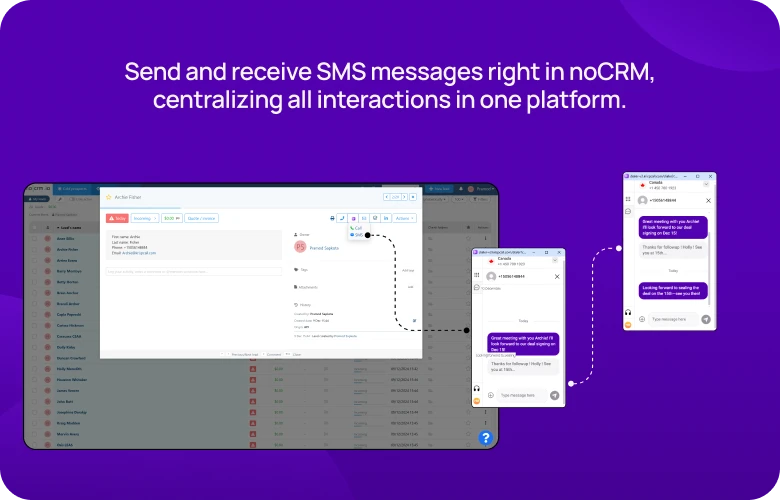 Send and receive SMS messages right in noCRM, centralizing all interactions in one platform mobile image