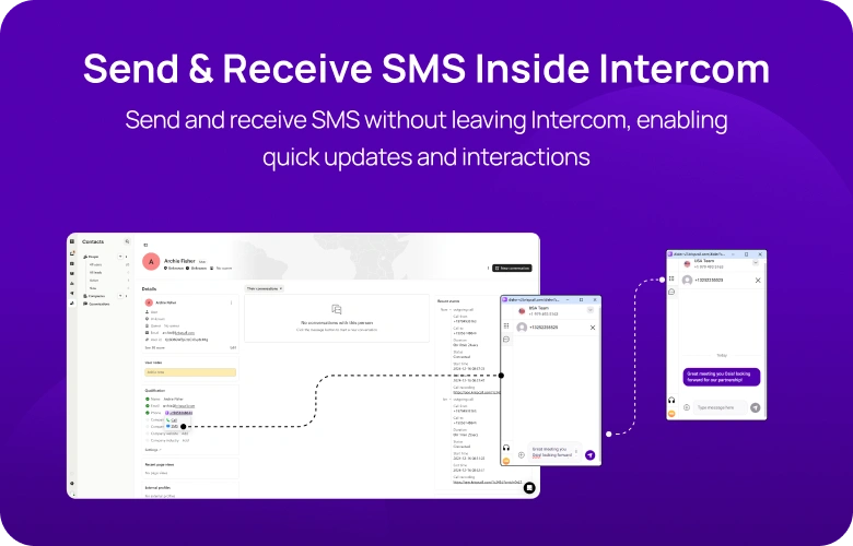 Send and receive SMS without leaving Intercom, enabling quick updates and interactions mobile img